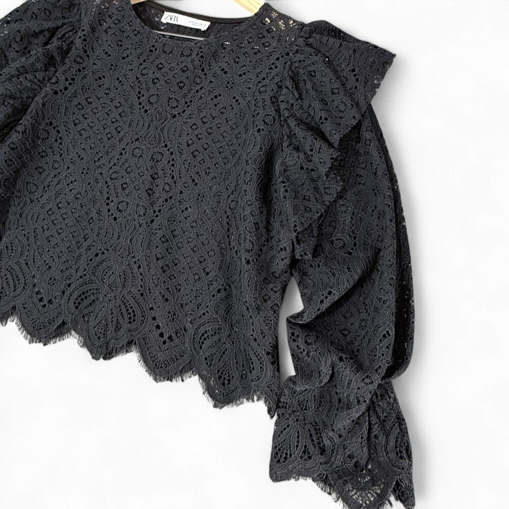 Zara Black‎ Lace Ruffle Flounce Sleeve Blouse M Romantic Whimsigoth Witchy Sheer - Picture 3 of 7